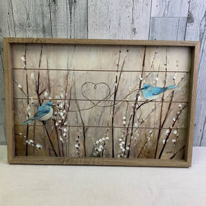 Double Bluebird Tree Branch Heart Pussywillow Wood Tray Hanging Wall Art